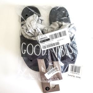 Rae Dunn Slides Sandals Sizes 8,9 GOOD. VIBES. Black/Ivory Beach, Pool, Wedding